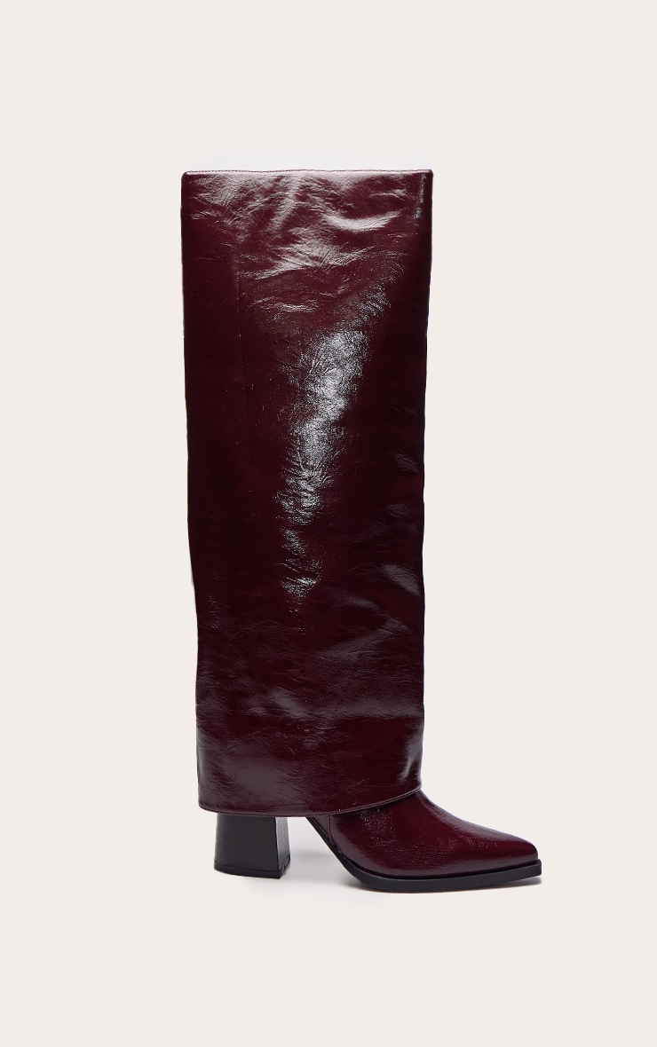 Burgundy Crinkle PU Fold Over Block Heel Boot image 2