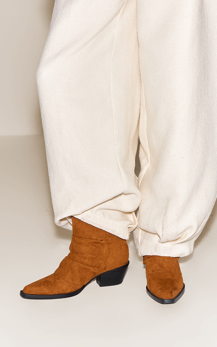 Tan Suede Ruched Western Ankle Boot