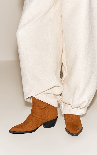 Tan Suede Ruched Western Ankle Boot
