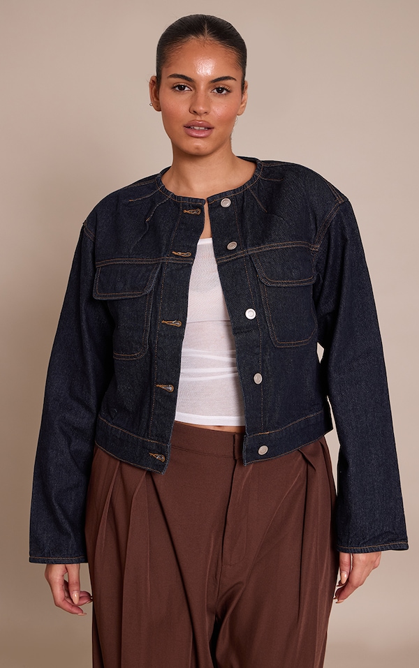 Plus Raw Indigo Wash Collarless Detail Denim Jacket