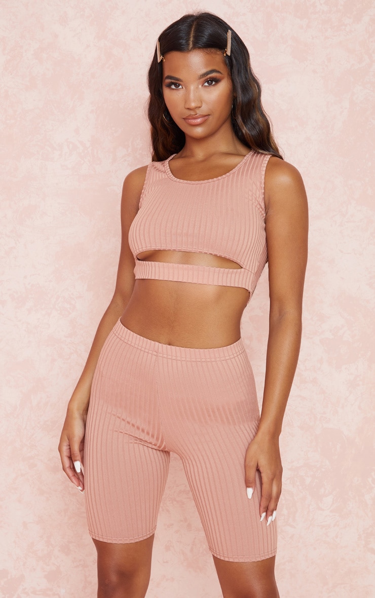 Rose Rib Cut Out Top Cycle Short Set Tops PLT