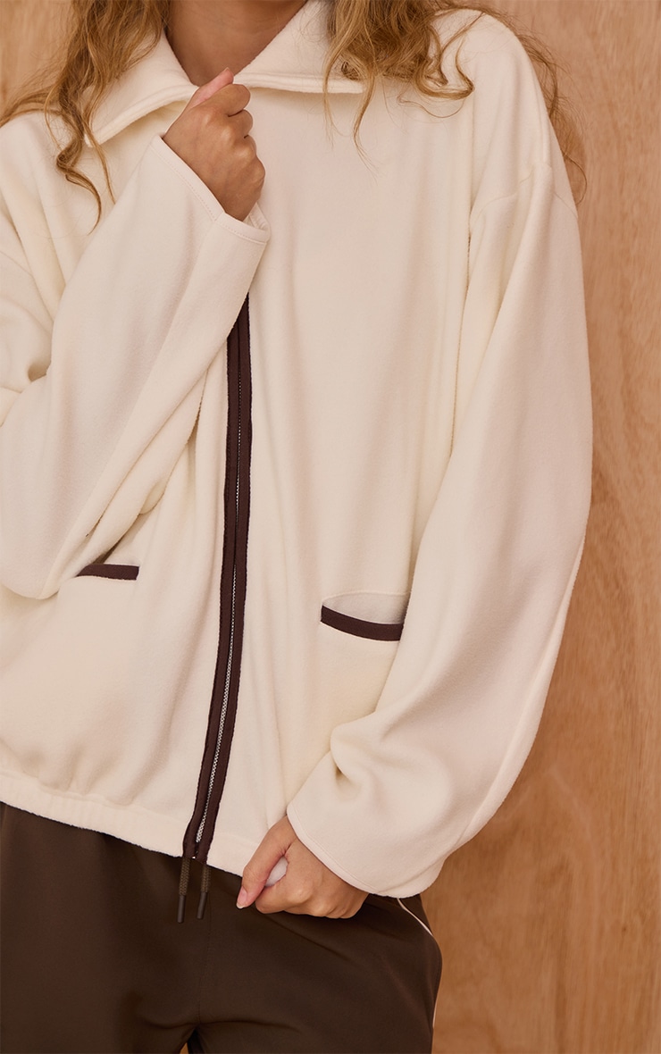 Cream Contrast Binding Zip Up Fleece image 4