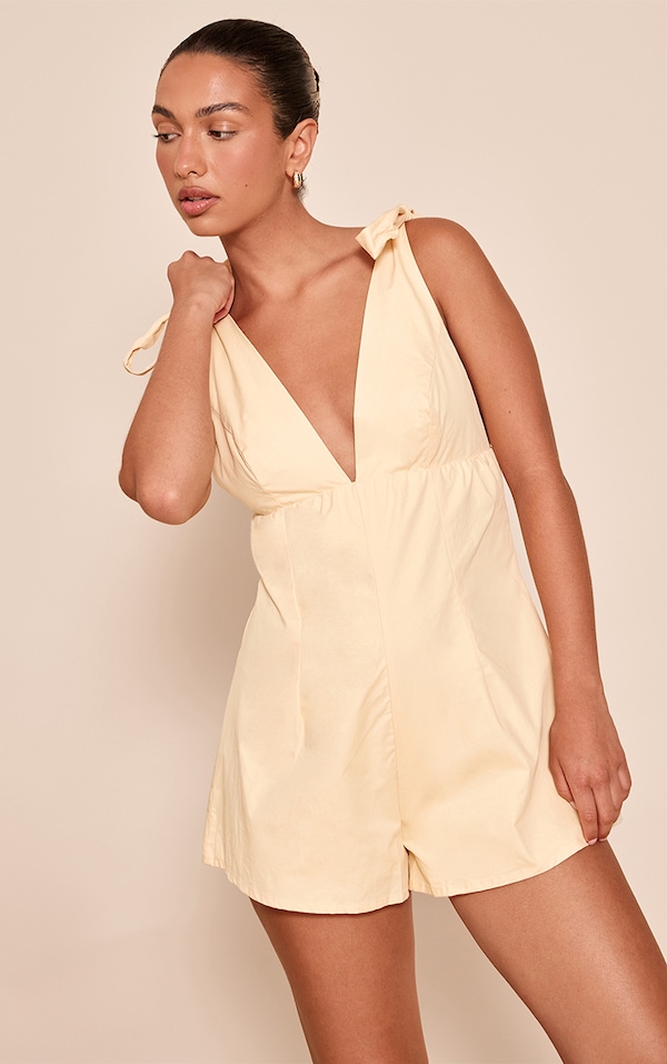 Butter Yellow Woven V Neck Bow Detail Playsuit