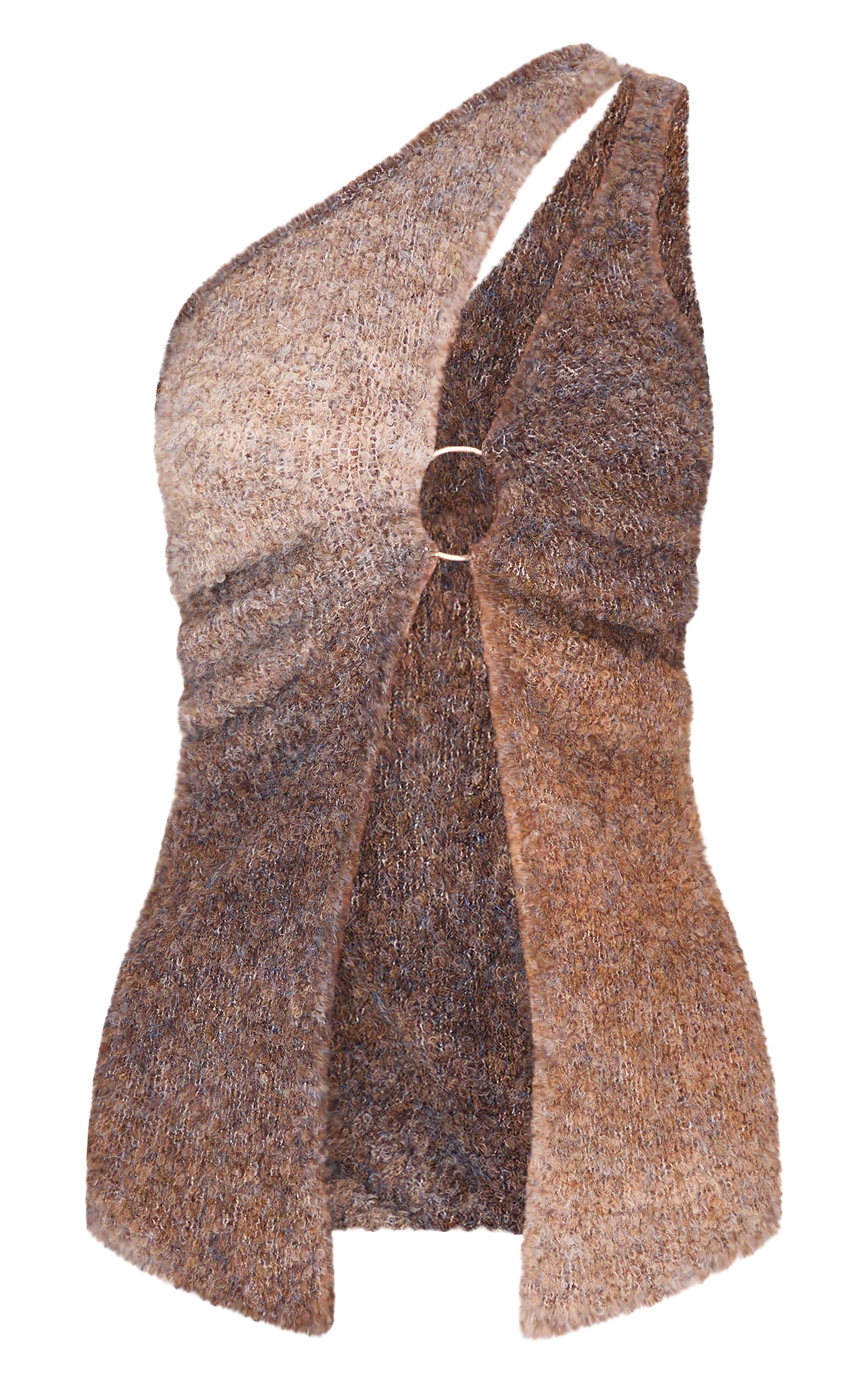 Mocha Stripe Textured Knit O Ring Asymmetric Cut Out Top image 5