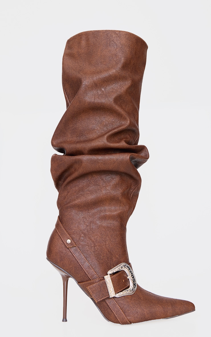 Brown Distressed Pu Point Toe Buckle Knee High Stiletto Heeled Boots image 4