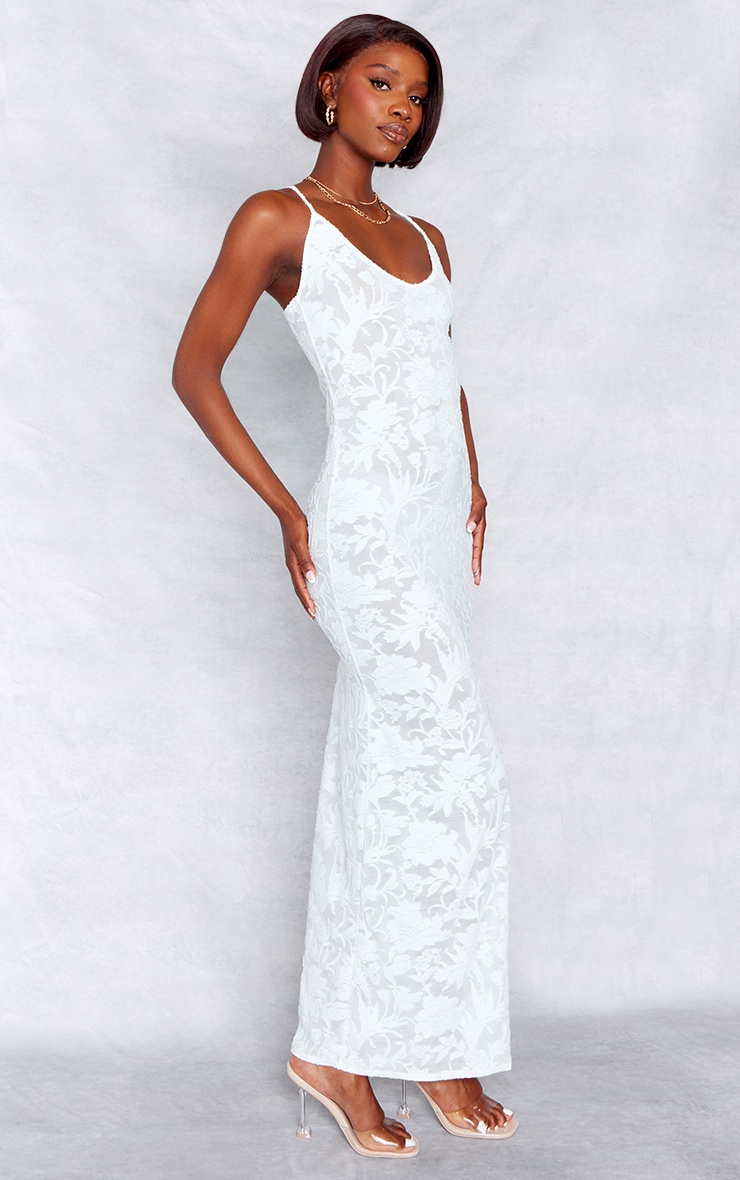 Tall White Floral Textured Cami Strap Maxi Dress image 3