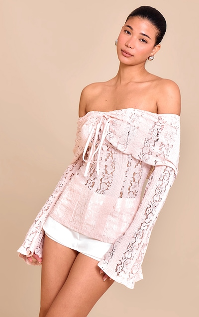 Pale Pink Fitted Lace Flared Sleeve Bardot Top