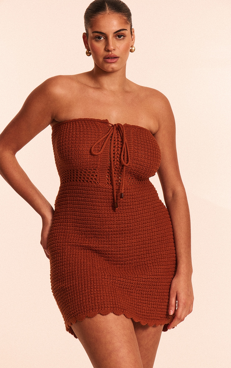 Plus Burnt Orange Burnt Orange Crochet Knit Bandeau Front Tie Mini Dress image 1