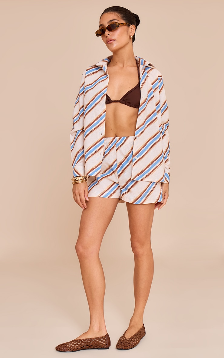 Petite Blue Stripe Linen Look High Rise Shorts image 1