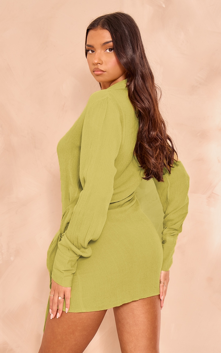 Olive Textured Plunge Wrap Shirt Dress image 2