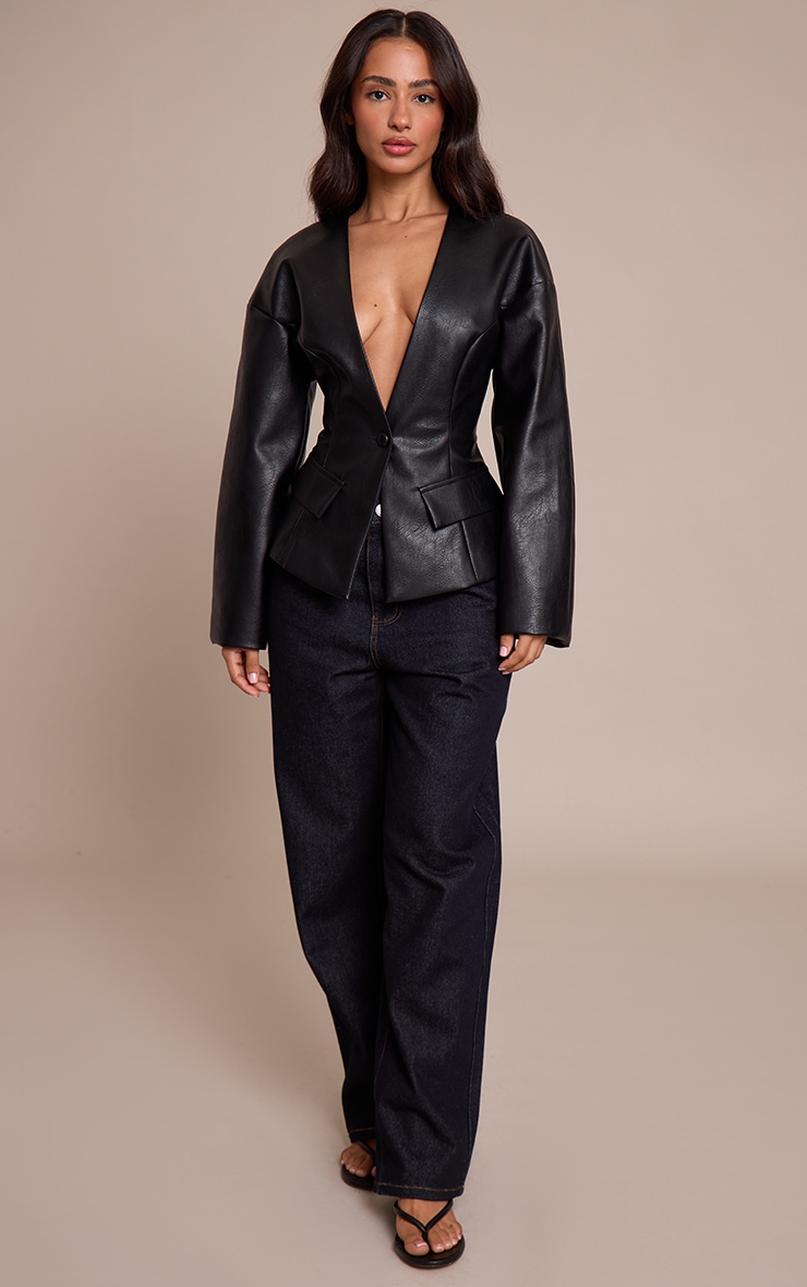 Petite Black Leather Look Cinched Waist Blazer image 3