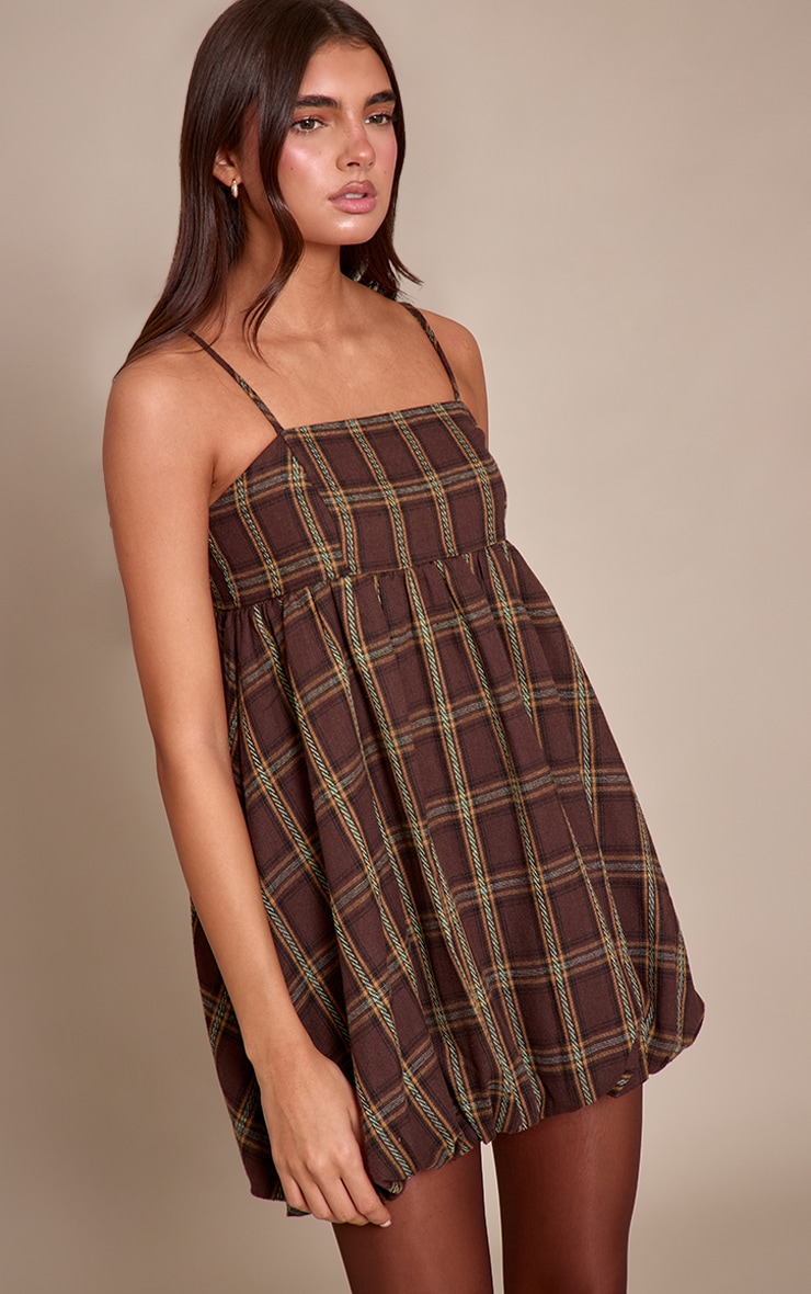 Brown Check Strappy Puff Ball Dress image 3