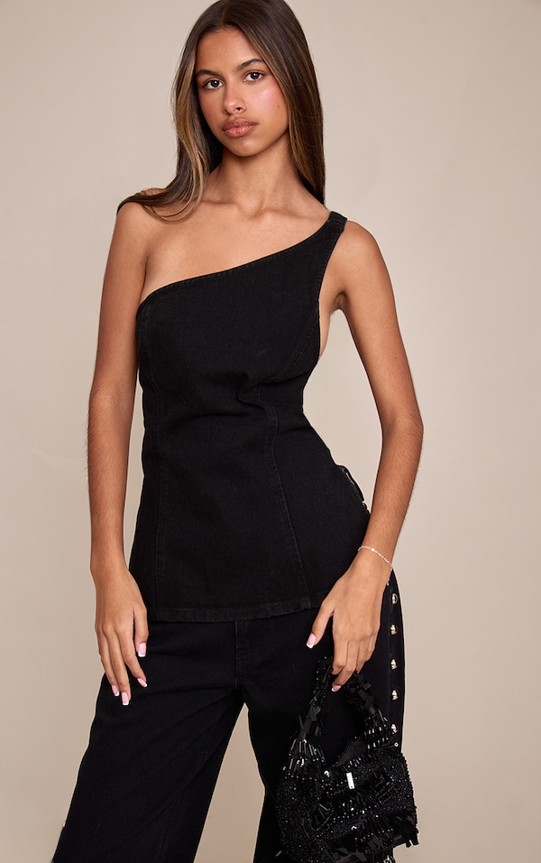 Petite Black Asymmetric Open Back Denim Top