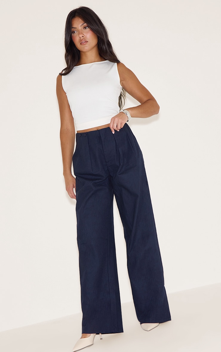 Indigo Blue Button Detail High Waisted Wide Leg Pants image 1
