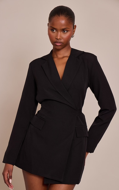 Robe blazer noire tissée cache-coeur nouée