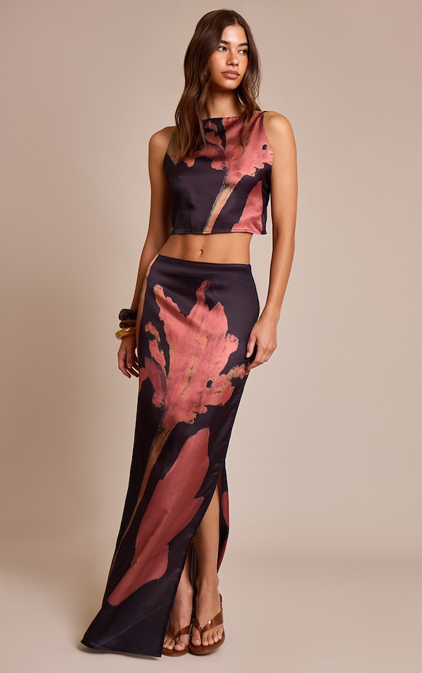 Black Floral Printed Satin Maxi Skirt