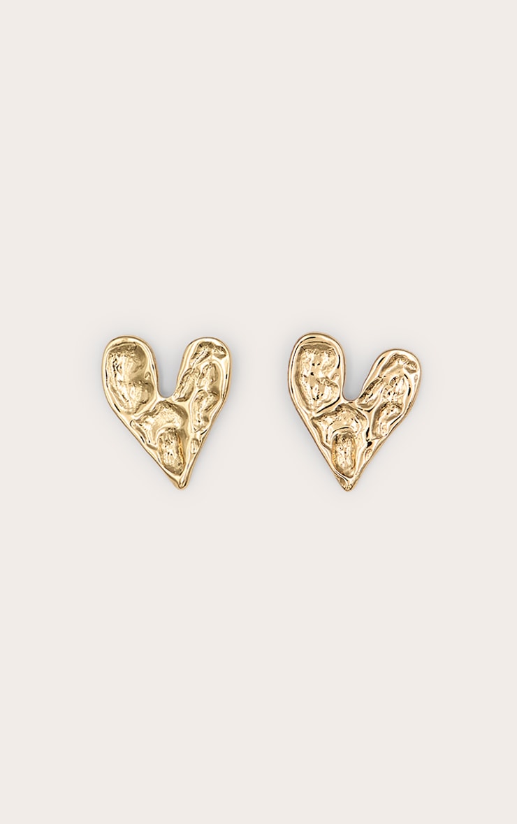 Gold Hammered Love Heart Statement Earrings image 1