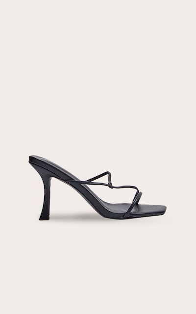 Black PU Square Toe Strappy Mid Heeled Mules
