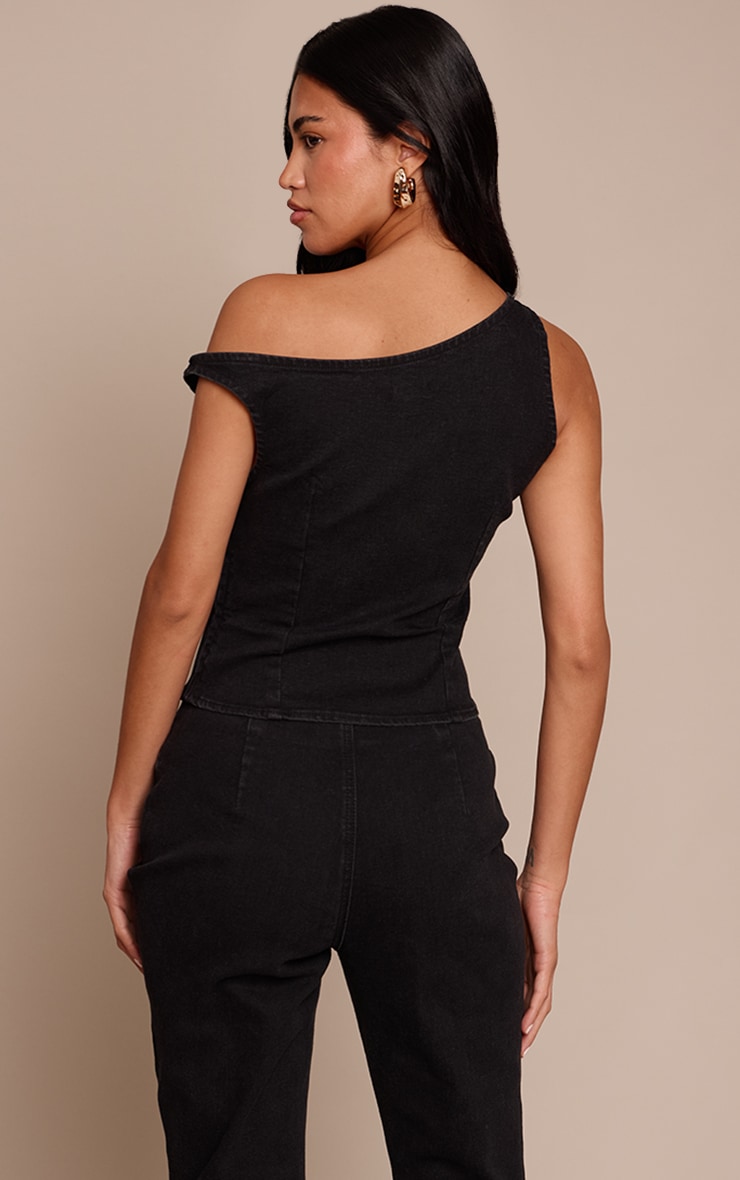 Black Denim Asymmetric Sleeveless Top image 2