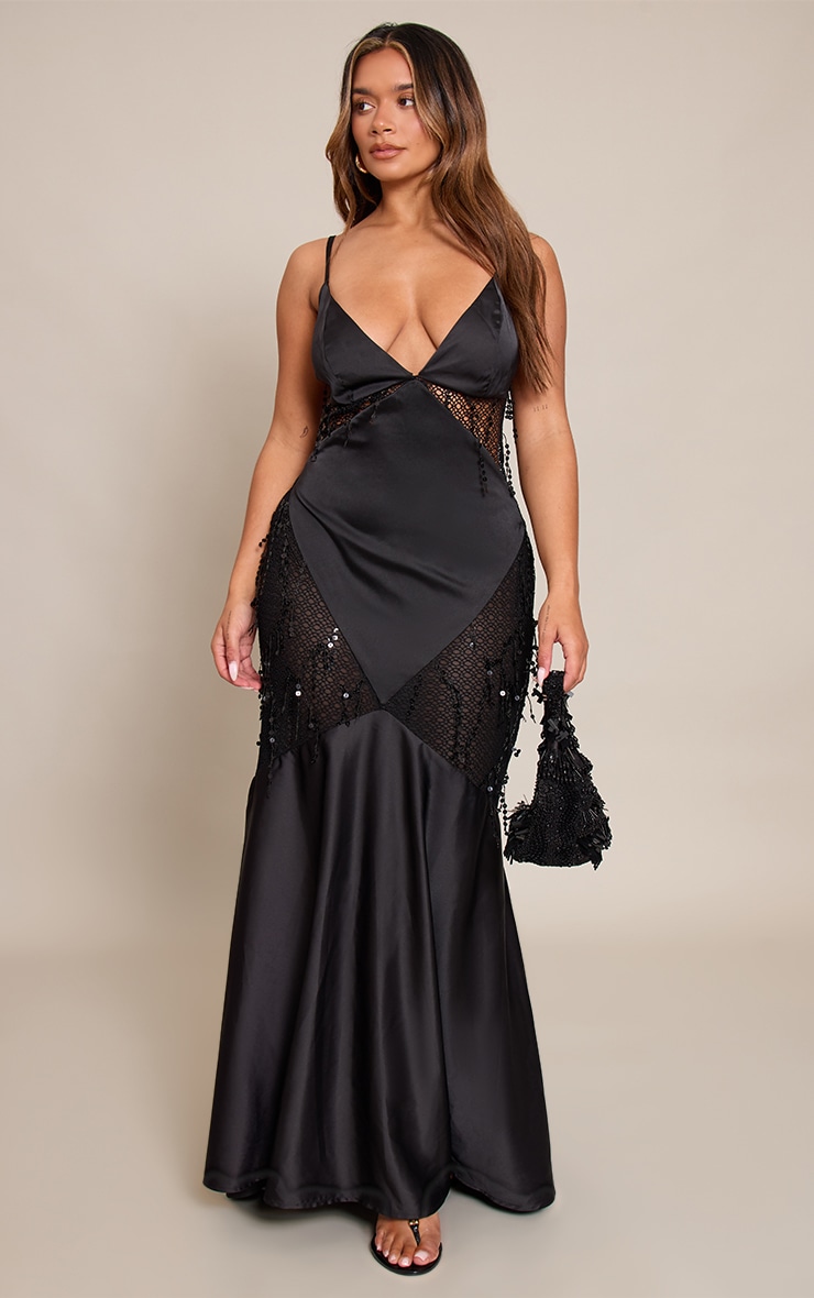 Shape Black Satin Diamond Cut Sequin Insert Maxi Dress image 3