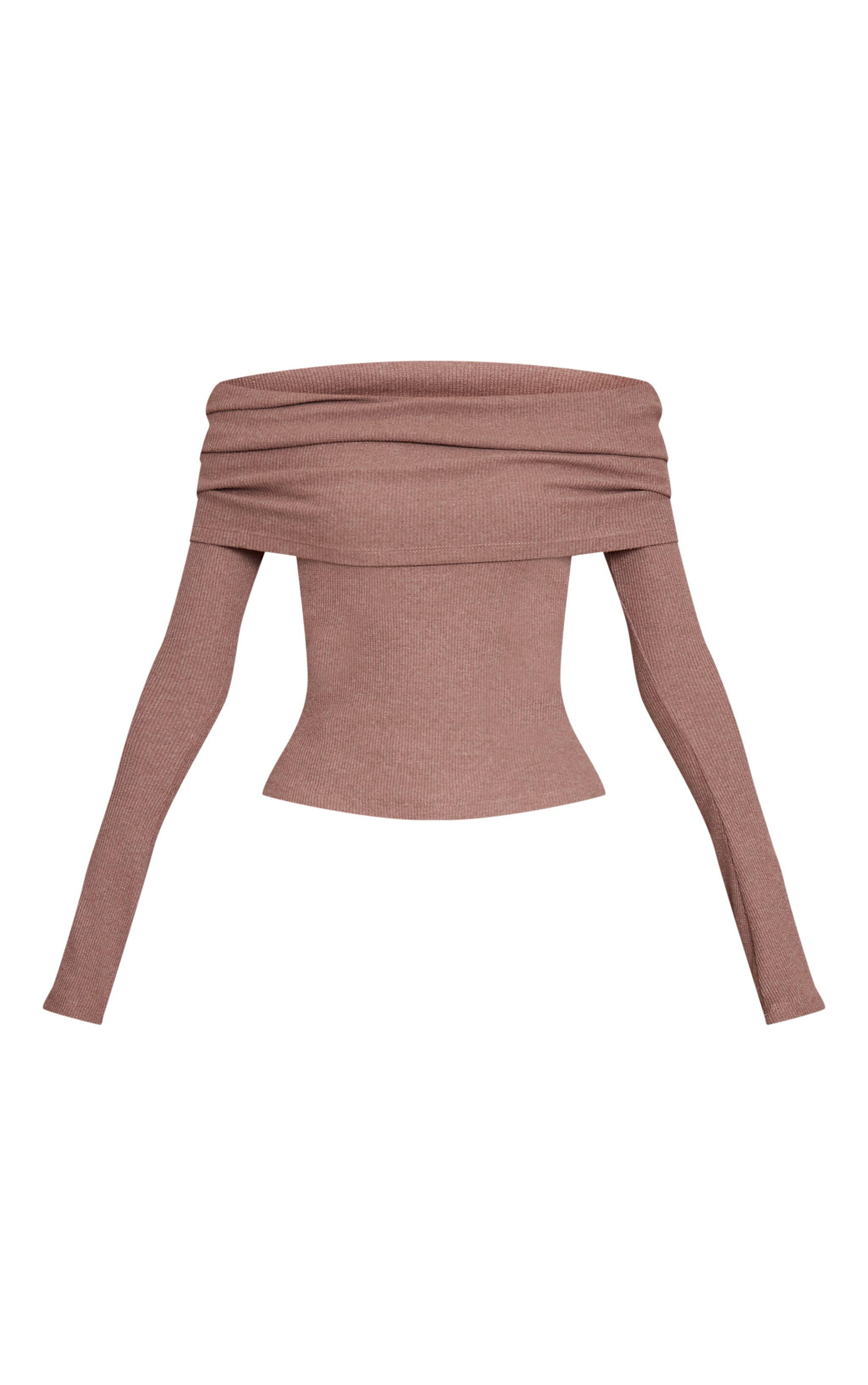 Taupe Thick Brushed Rib Extreme Foldover Bardot Detail Long Sleeve Top image 5