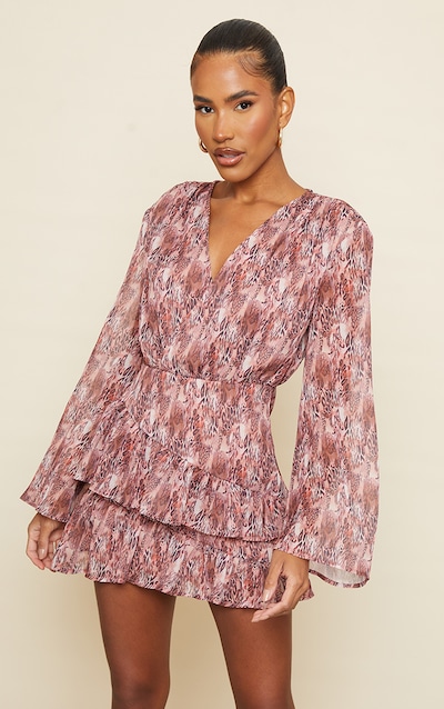 Brown Leopard Print Tiered Detail Shift Dress