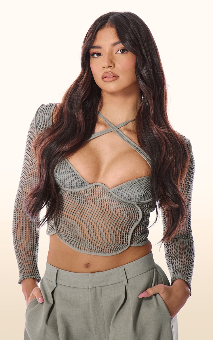 PLT Label Sage Green Textured Sheer Cut Out Detail Corset Top image 4