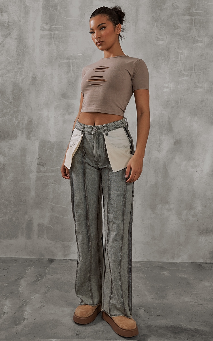 Taupe Slash Front Babydoll T Shirt image 3