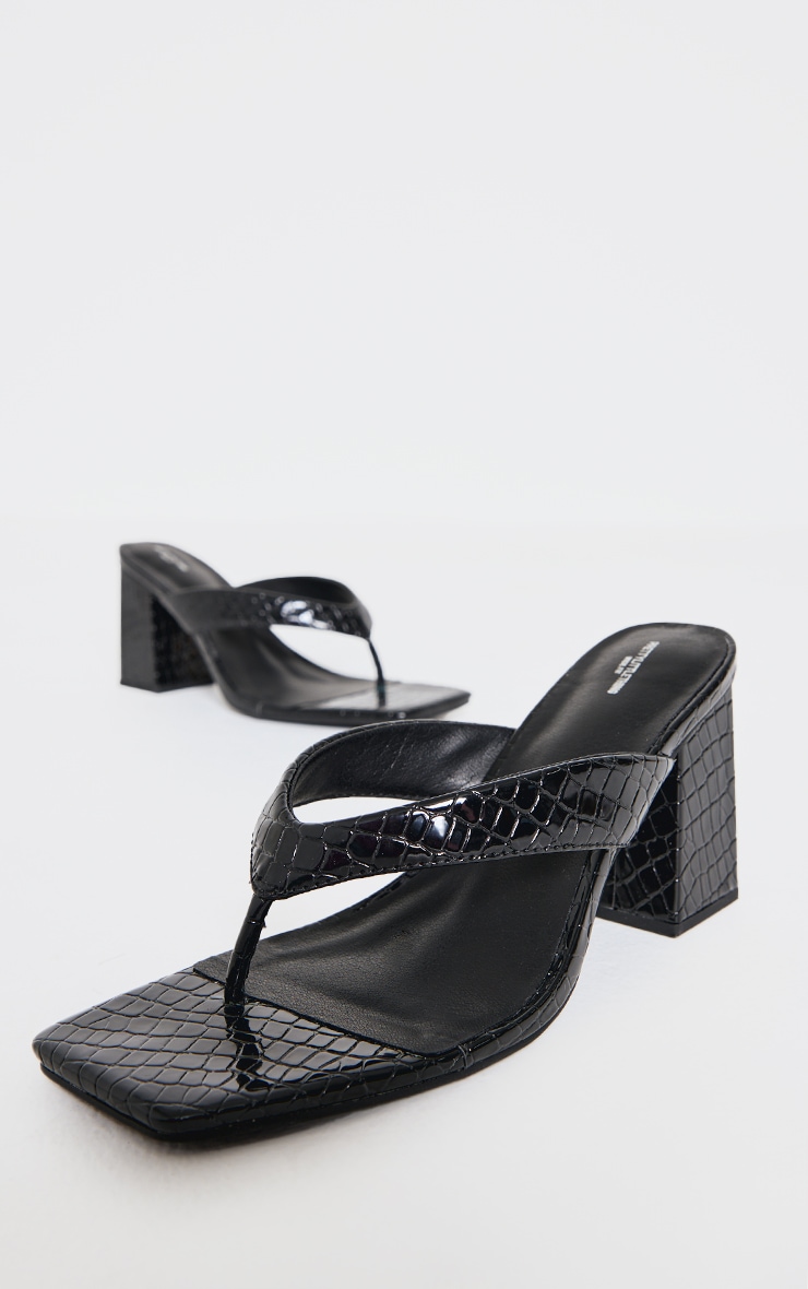 Wide Fit Black Croc Pu Square Toe Thong Block Mid Heeled Mules image 3