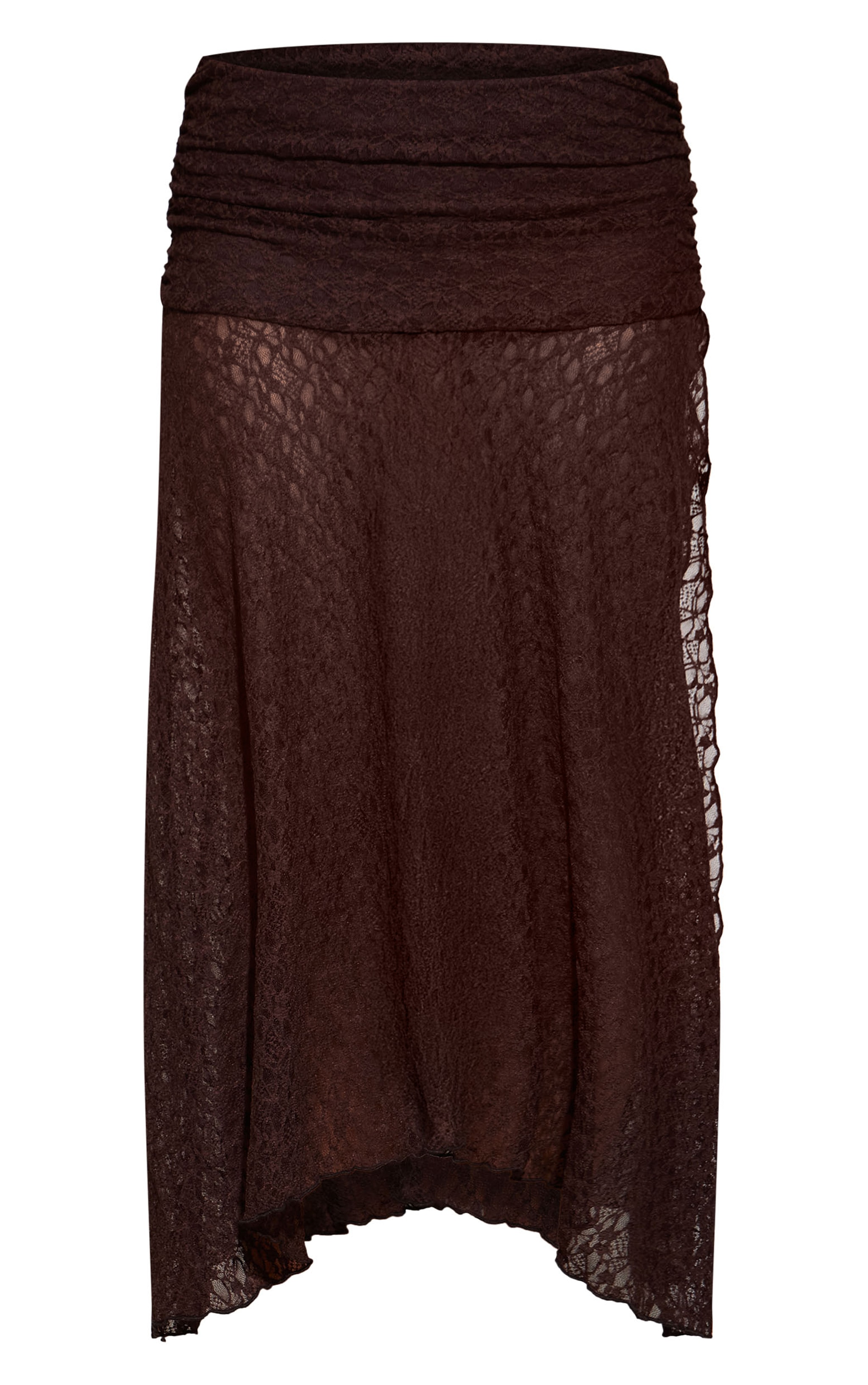 Chocolate Textured Lace Fold Hanky Hem Midi Skirt  image 5