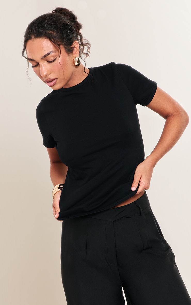 Black Cotton Crew Neck Longline Short Sleeve T-shirt image 1