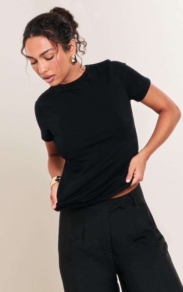 Black Cotton Crew Neck Longline Short Sleeve T-shirt