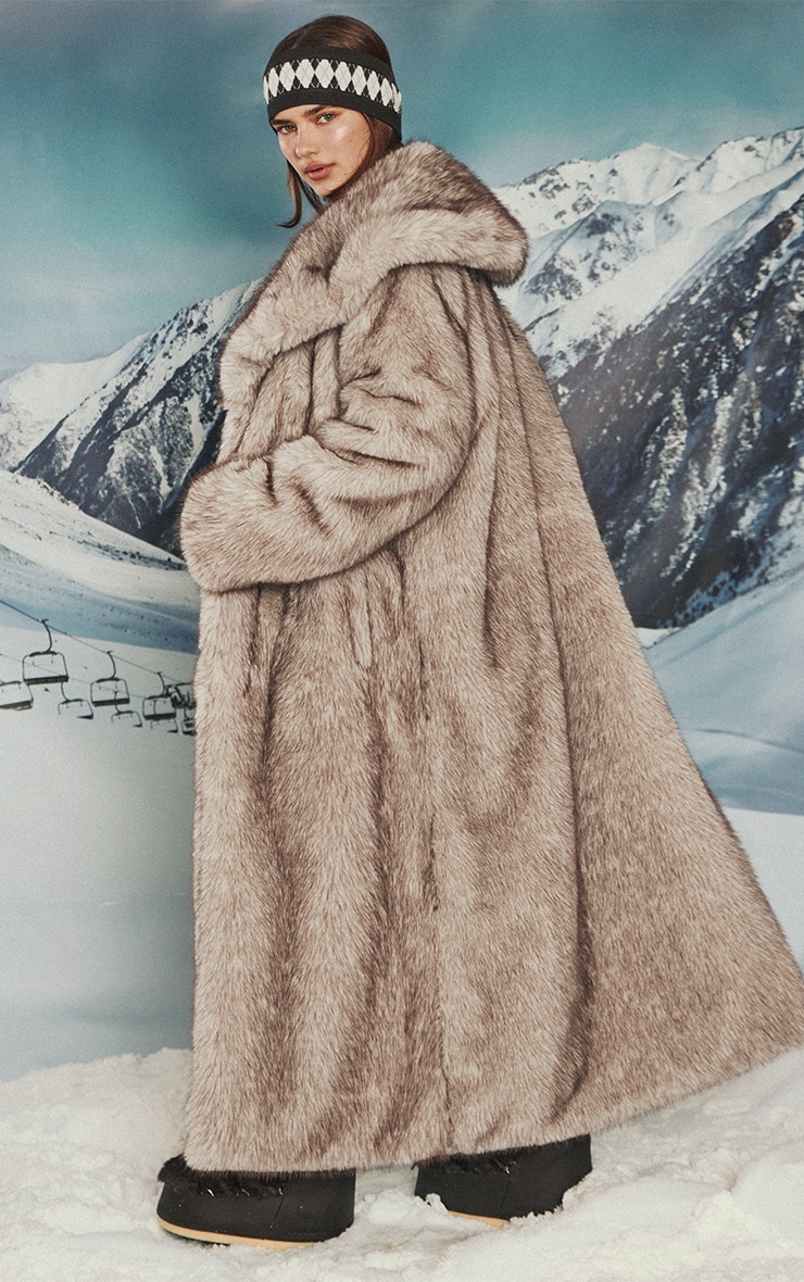 Beige Oversized Collar Fur Maxi Coat image 2