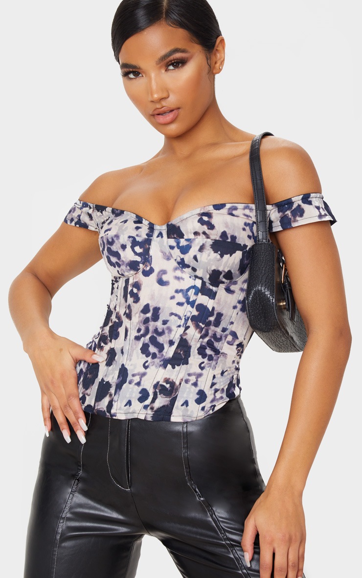 Tan Leopard Woven Frill Shoulder Corset Top