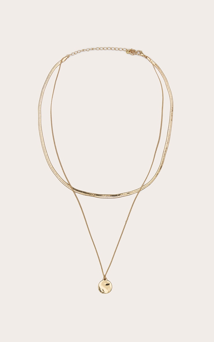 Gold Circle Pendant Layered Snake Chain Necklace image 2