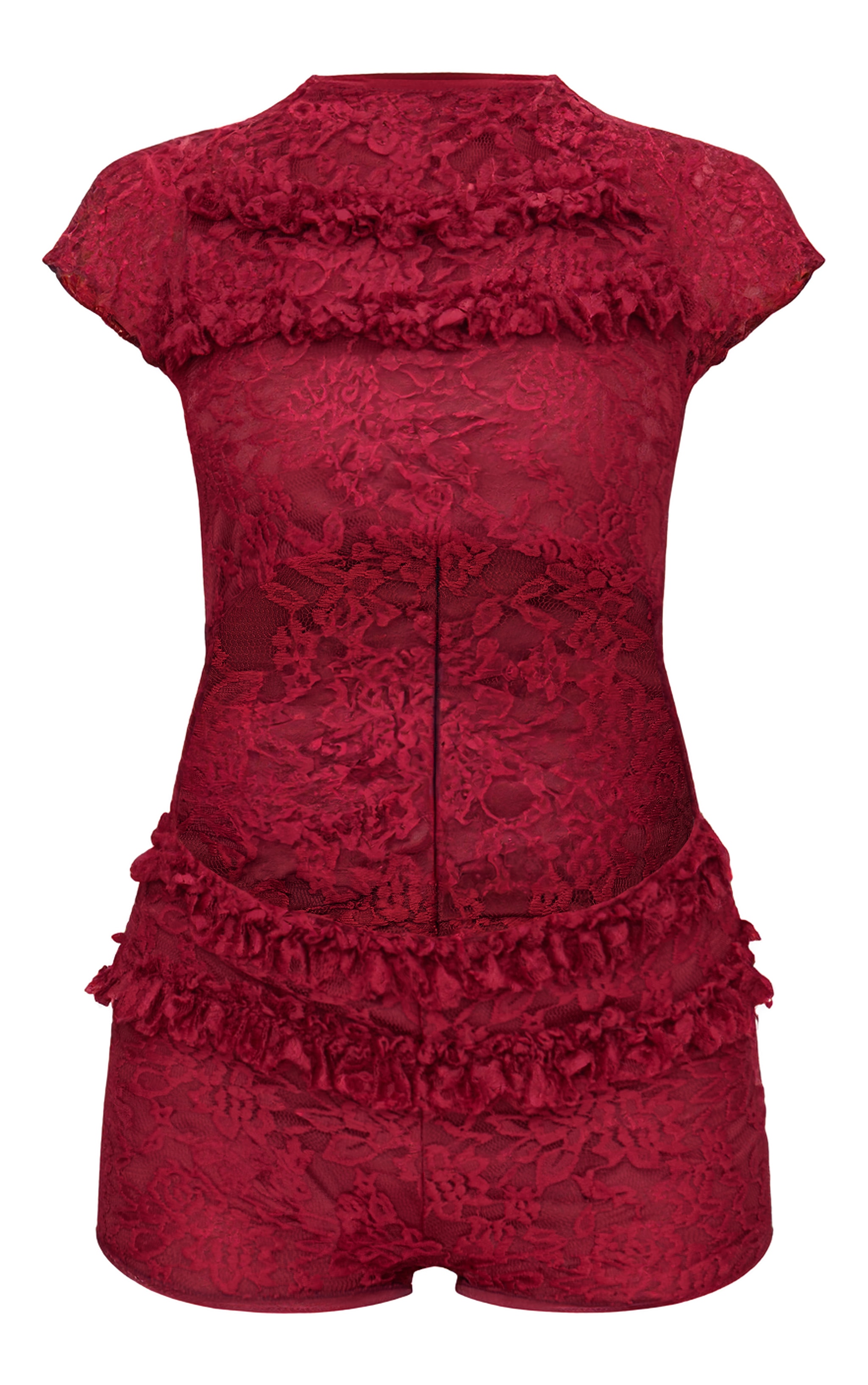 Burgundy Lace Ruffle Detail Cut Out Rara Skort Romper image 1