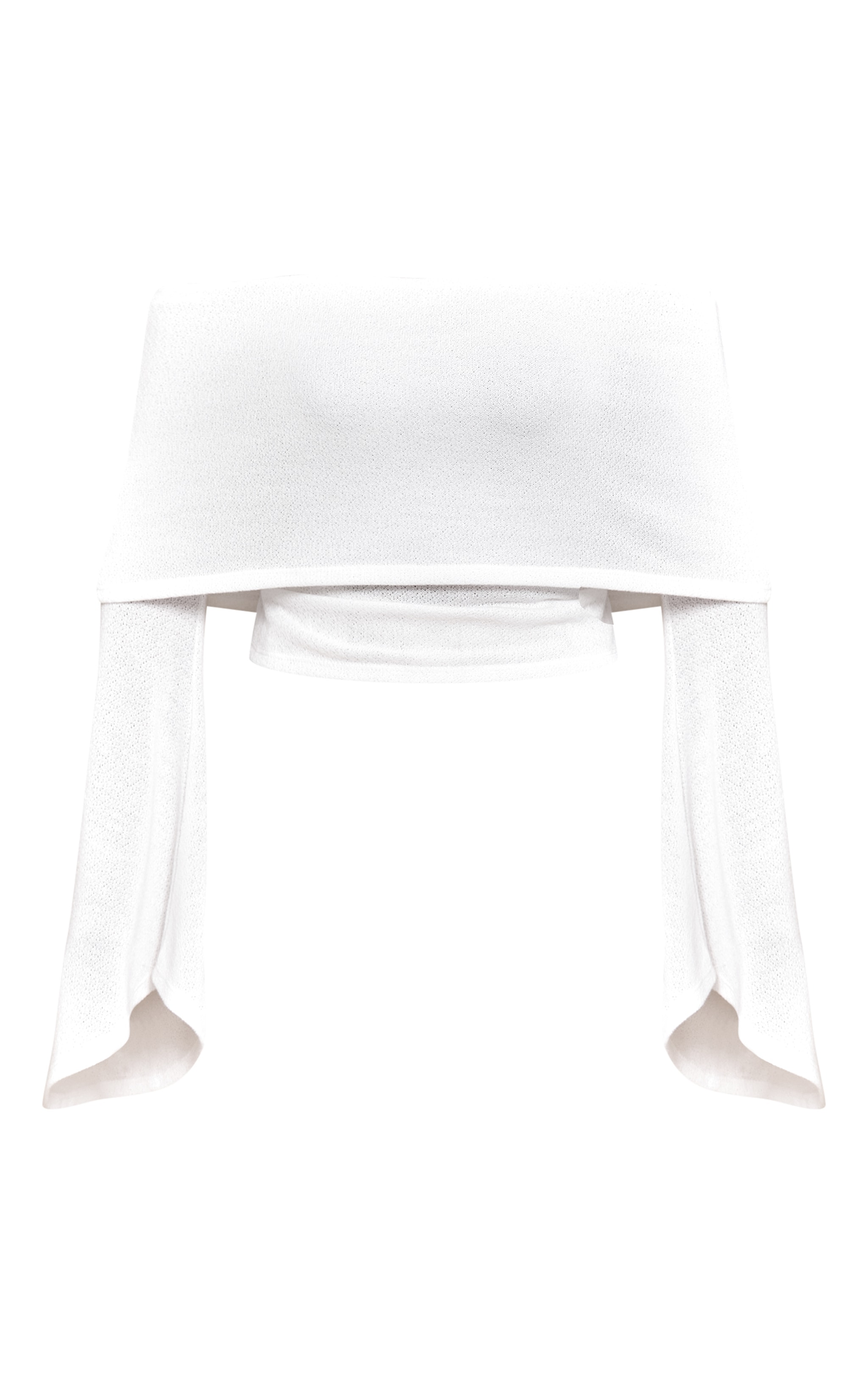 White Textured Fold Over Bardot Extreme Flute Sleeve Long Top image 5