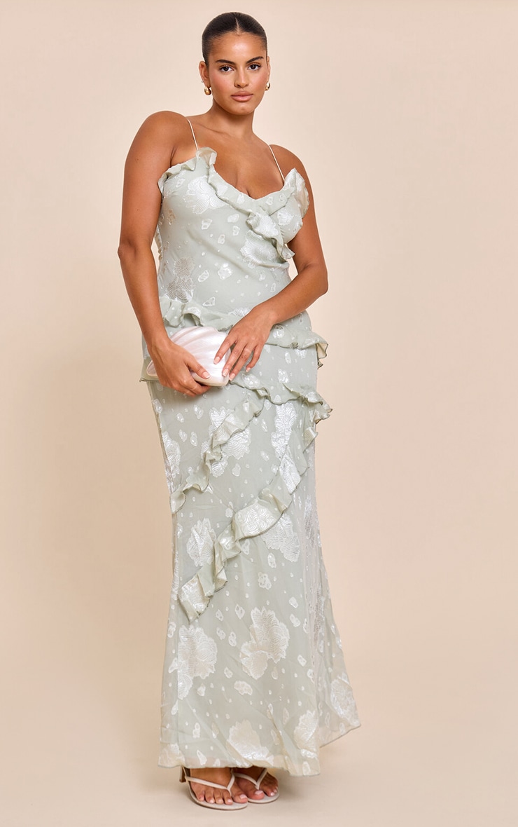 Plus Sage Green Embroidered Frill Maxi Dress image 3