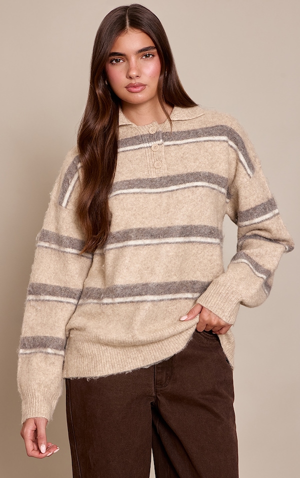 Taupe Striped Brushed Knit Oversized Rugby Style Sweater 