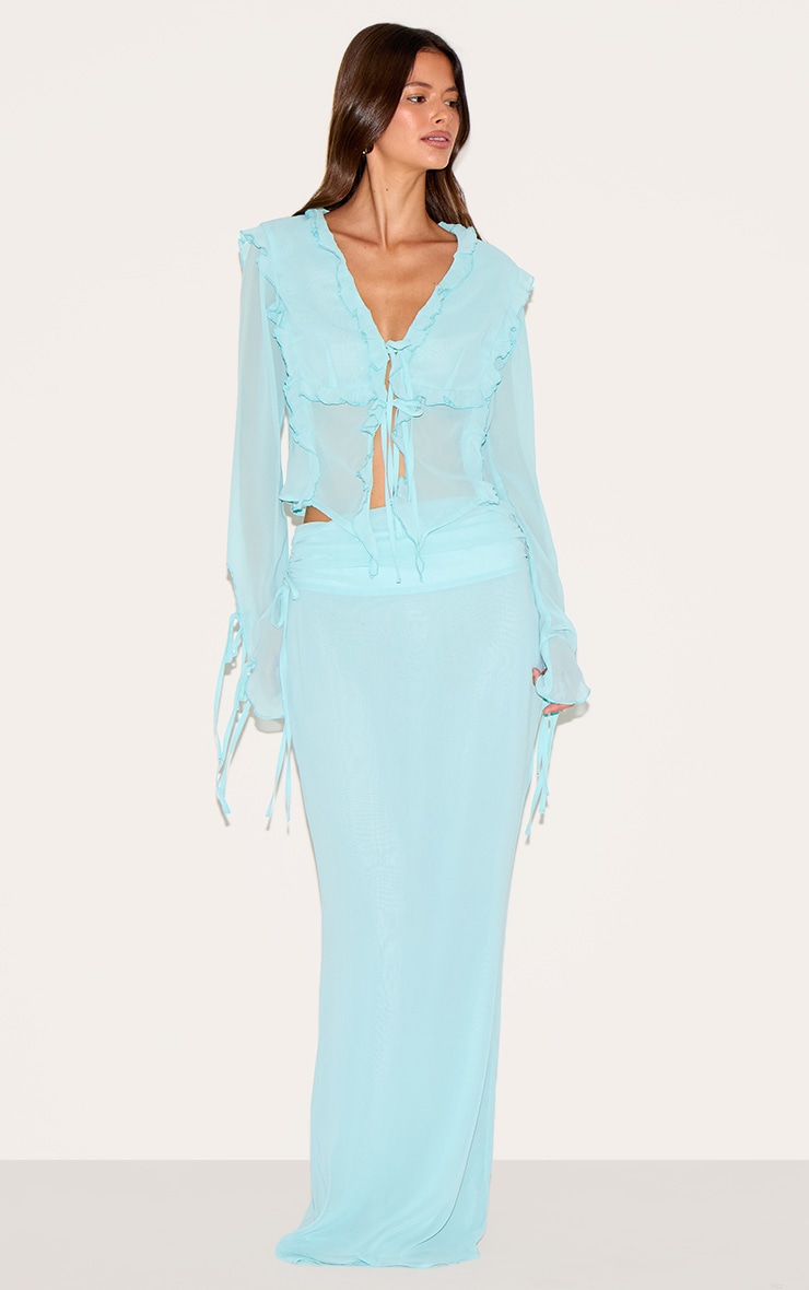 Aqua Chiffon Ruffle Tie Front Blouse image 3