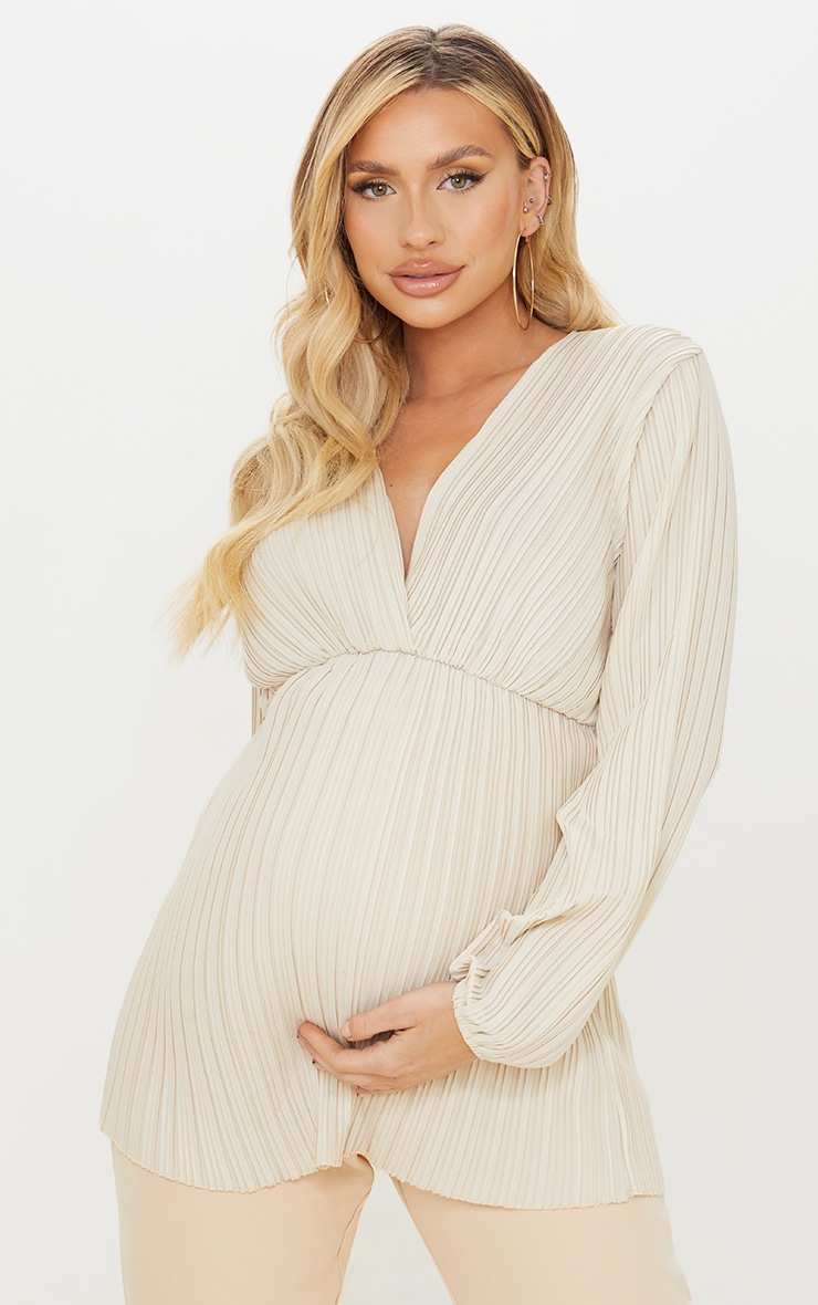 Maternity Ecru Plisse Plunge Blouse PrettyLittleThing AUS