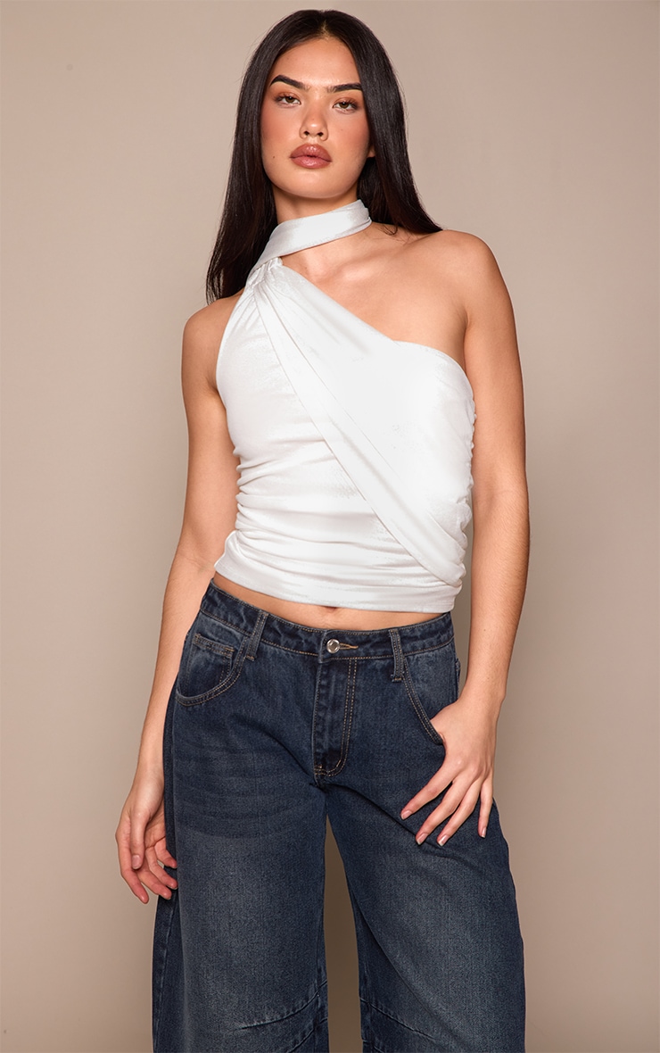 Cream Burnout Mesh Ruched Waist Scarf Detail Top  image 1