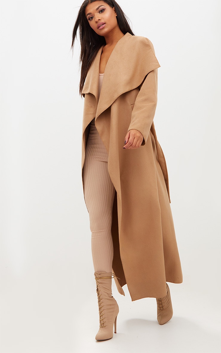 Camel Maxi Length Oversized Waterfall Belted Coat PrettyLittleThing