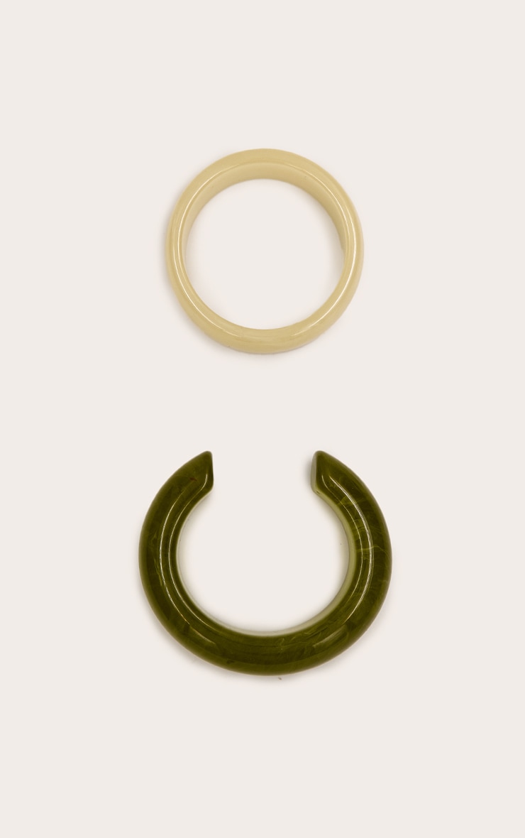 Bracelet manchette en résine vert jade et bracelet jonc en résine crème image 2