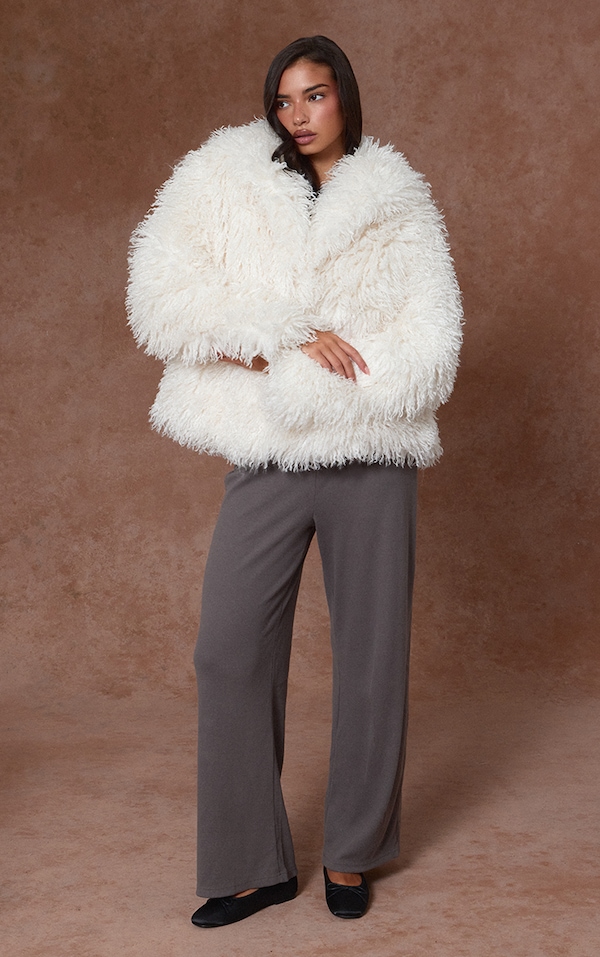 Charcoal Grey Brushed Rib Wide Leg Trouser