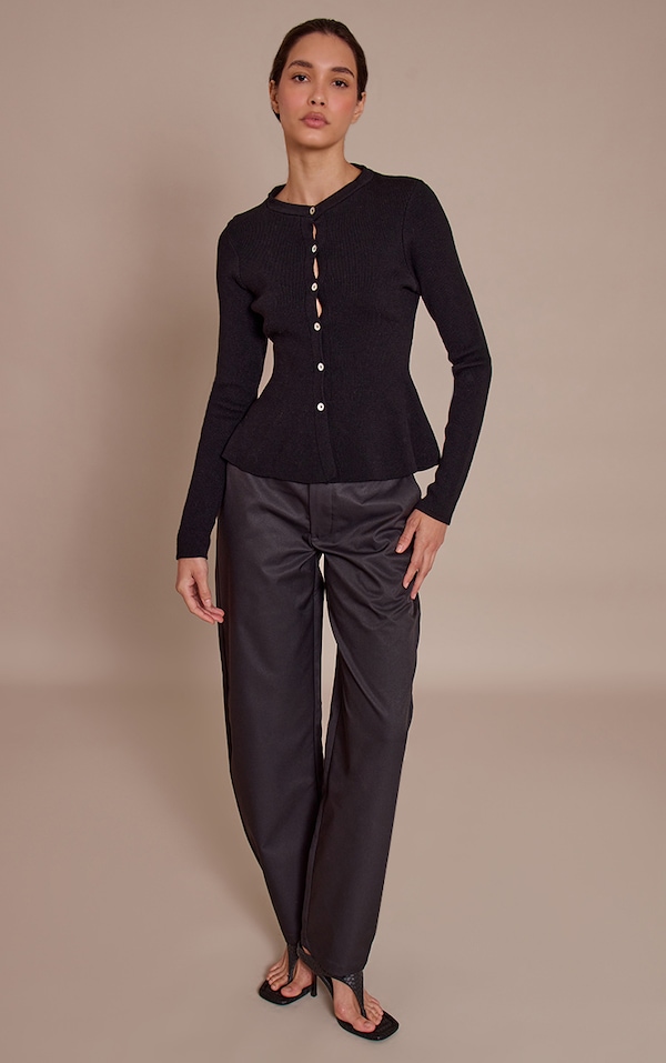 Black Woven Button Barrel Leg Pants