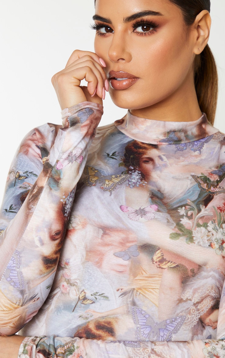 Tall Nude Renaissance Print Roll Neck Bodysuit PrettyLittleThing