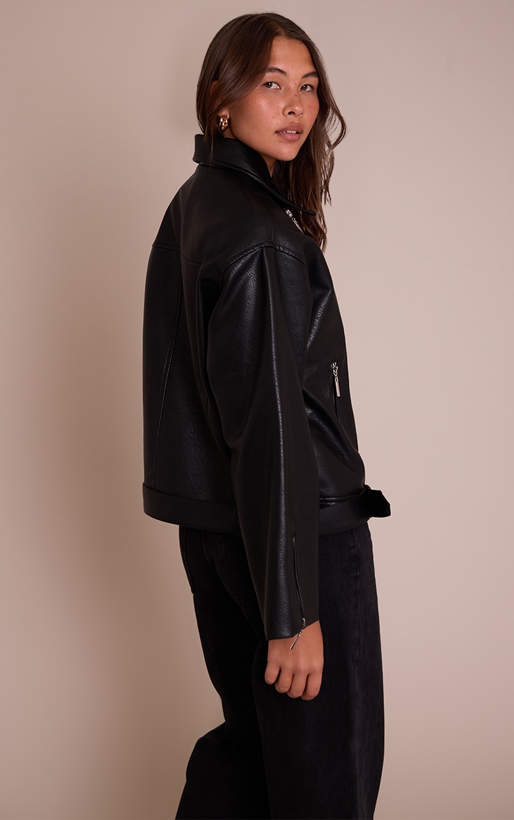 Black Faux Leather Oversized Biker Style Jacket image 2