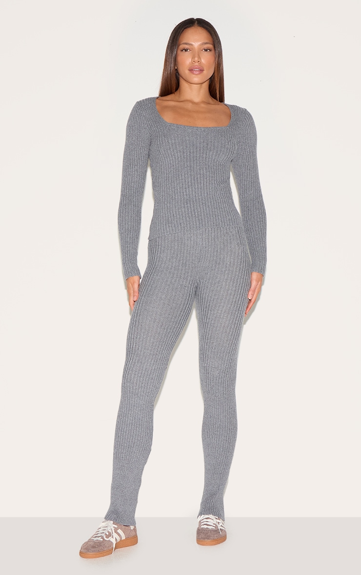 Tall Charcoal Rib Knit Square Neck Long Sleeve Top image 3