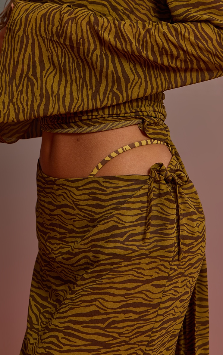 Olive Zebra Printed Chiffon Low Rise Maxi Skirt image 4